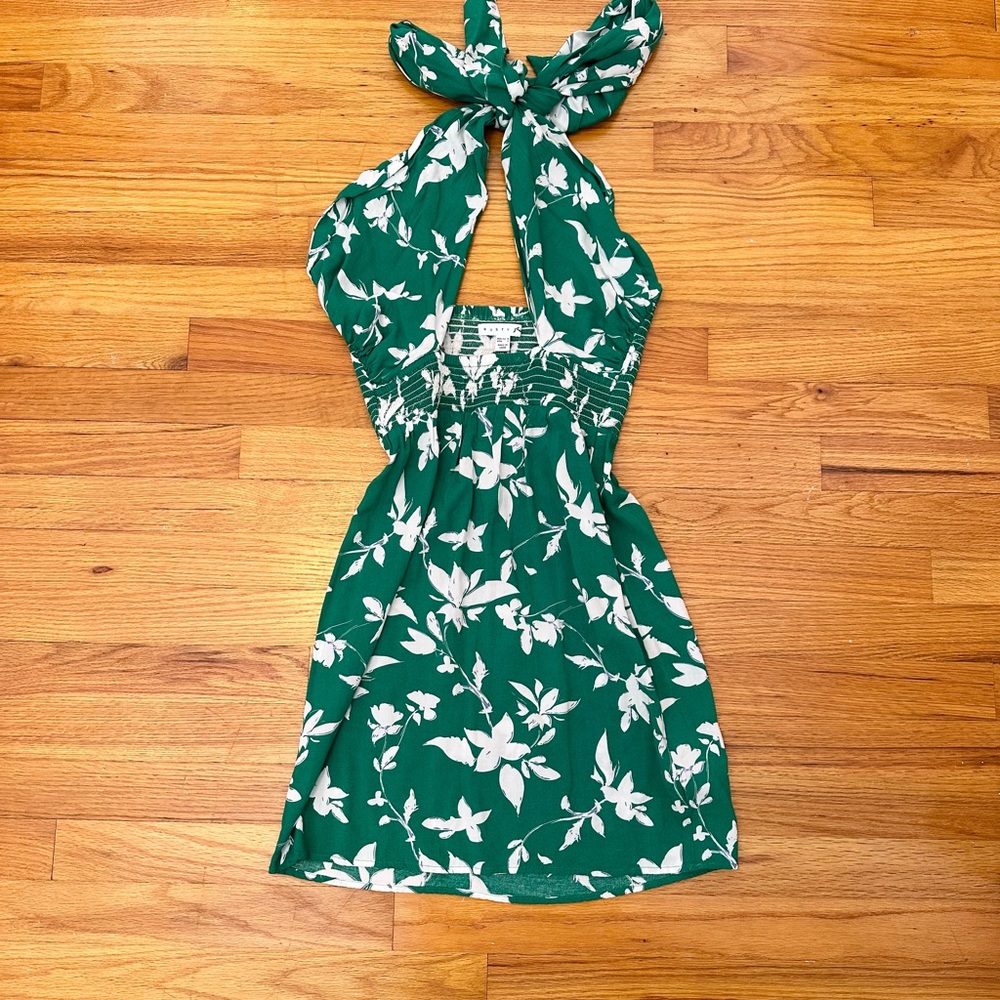 Rusty Green and White Floral Halter Dress